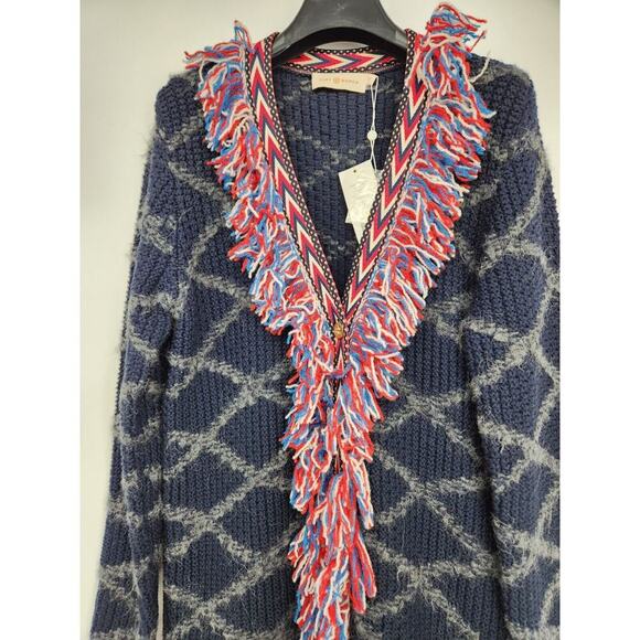 NWT Tory Burch Tweed Trim Long Cardigan Size S Navy Fringe Knit $898 #2K501 - Picture 4 of 13